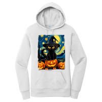 Witch Cat Starry Night Van Gogh Retro Halloween Cat Art Women's Pullover Hoodie