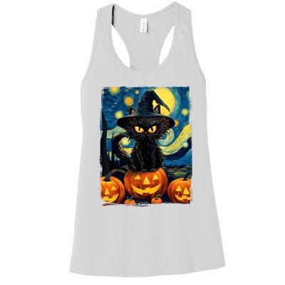 Witch Cat Starry Night Van Gogh Retro Halloween Cat Art Women's Racerback Tank