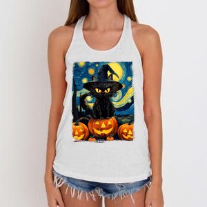 Witch Cat Starry Night Van Gogh Retro Halloween Cat Art Women's Knotted Racerback Tank