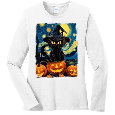 Witch Cat Starry Night Van Gogh Retro Halloween Cat Art Ladies Long Sleeve Shirt