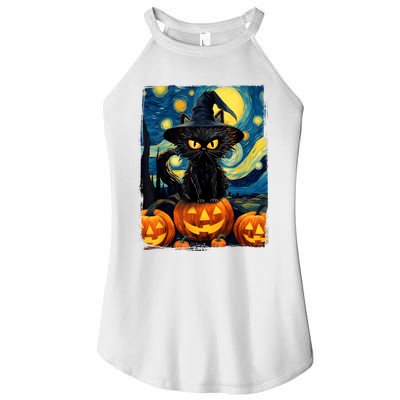 Witch Cat Starry Night Van Gogh Retro Halloween Cat Art Women’s Perfect Tri Rocker Tank