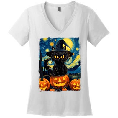 Witch Cat Starry Night Van Gogh Retro Halloween Cat Art Women's V-Neck T-Shirt