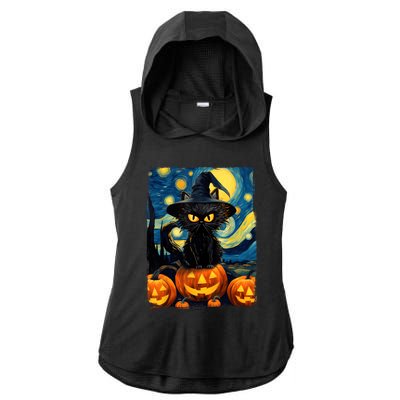 Witch Cat Starry Night Van Gogh Retro Halloween Cat Art Kids Ladies PosiCharge Tri-Blend Wicking Draft Hoodie Tank