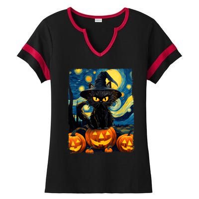 Witch Cat Starry Night Van Gogh Retro Halloween Cat Art Kids Ladies Halftime Notch Neck Tee