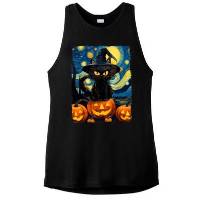 Witch Cat Starry Night Van Gogh Retro Halloween Cat Art Kids Ladies PosiCharge Tri-Blend Wicking Tank