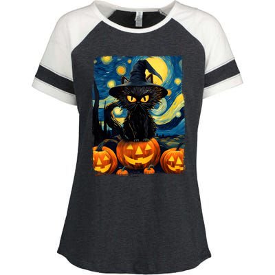 Witch Cat Starry Night Van Gogh Retro Halloween Cat Art Kids Enza Ladies Jersey Colorblock Tee