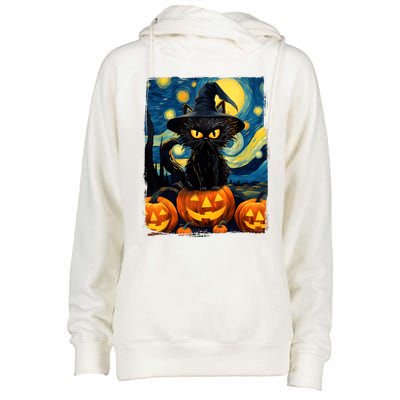 Witch Cat Starry Night Van Gogh Retro Halloween Cat Art Kids Womens Funnel Neck Pullover Hood