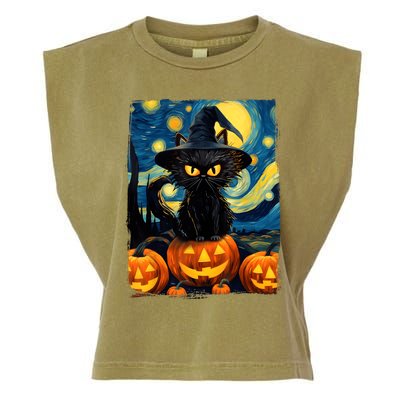 Witch Cat Starry Night Van Gogh Retro Halloween Cat Art Kids Garment-Dyed Women's Muscle Tee