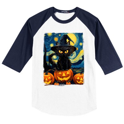 Witch Cat Starry Night Van Gogh Retro Halloween Cat Art Kids Baseball Sleeve Shirt