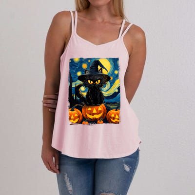 Witch Cat Starry Night Van Gogh Retro Halloween Cat Art Kids Women's Strappy Tank