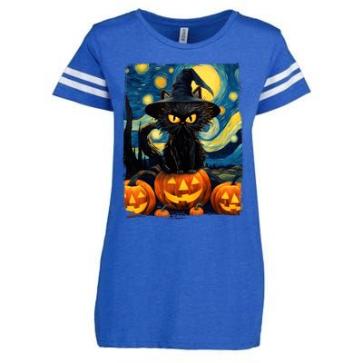 Witch Cat Starry Night Van Gogh Retro Halloween Cat Art Kids Enza Ladies Jersey Football T-Shirt