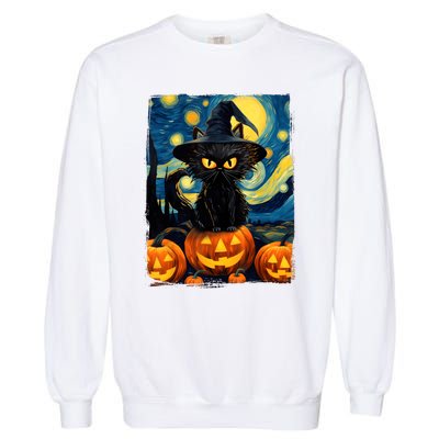 Witch Cat Starry Night Van Gogh Retro Halloween Cat Art Kids Garment-Dyed Sweatshirt