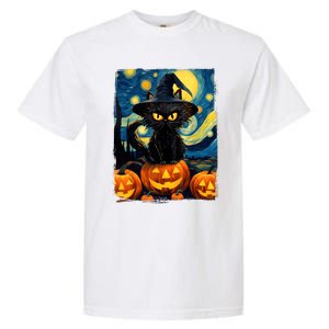 Witch Cat Starry Night Van Gogh Retro Halloween Cat Art Kids Garment-Dyed Heavyweight T-Shirt