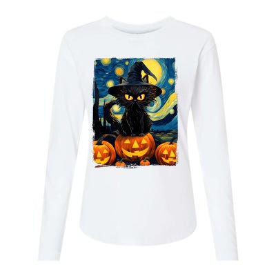 Witch Cat Starry Night Van Gogh Retro Halloween Cat Art Kids Womens Cotton Relaxed Long Sleeve T-Shirt