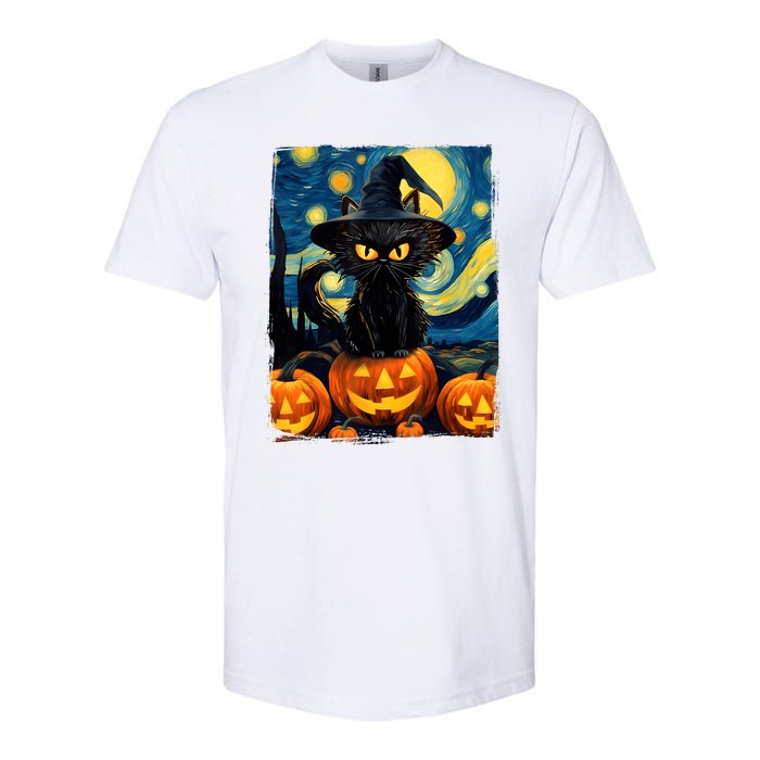 Witch Cat Starry Night Van Gogh Retro Halloween Cat Art Kids Softstyle CVC T-Shirt