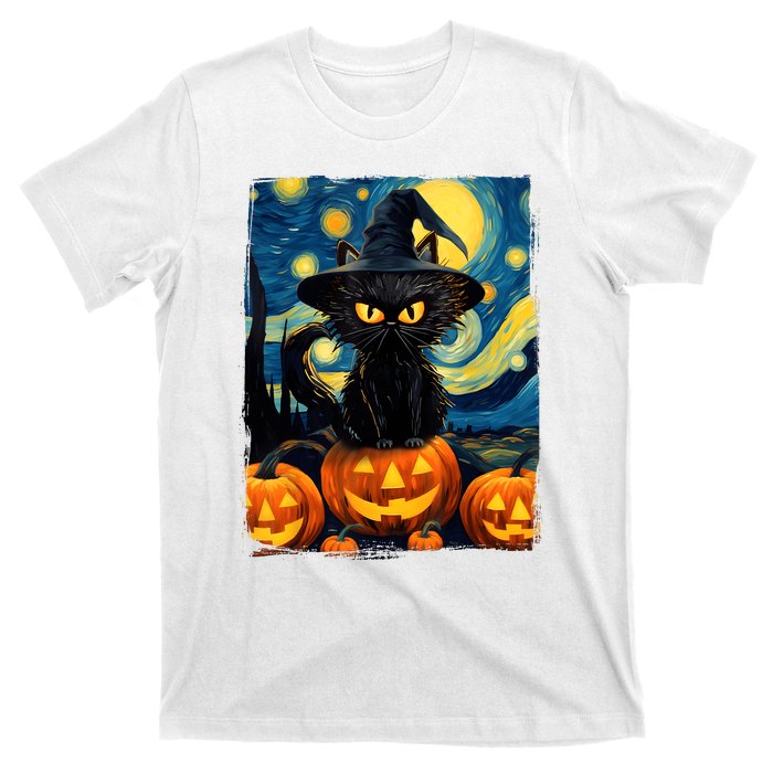 Witch Cat Starry Night Van Gogh Retro Halloween Cat Art Kids T-Shirt