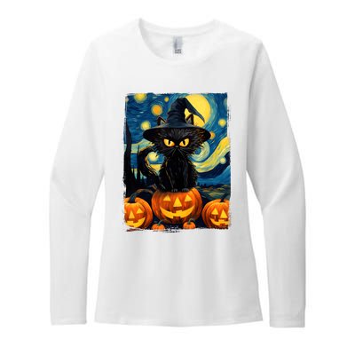 Witch Cat Starry Night Van Gogh Retro Halloween Cat Art Kids Womens CVC Long Sleeve Shirt