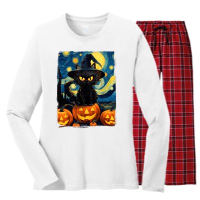 Witch Cat Starry Night Van Gogh Retro Halloween Cat Art Kids Women's Long Sleeve Flannel Pajama Set 