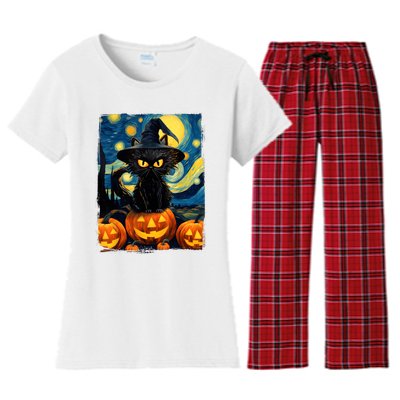 Witch Cat Starry Night Van Gogh Retro Halloween Cat Art Kids Women's Flannel Pajama Set