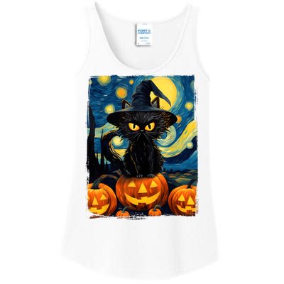 Witch Cat Starry Night Van Gogh Retro Halloween Cat Art Kids Ladies Essential Tank