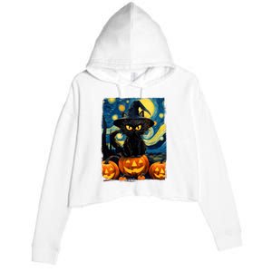 Witch Cat Starry Night Van Gogh Retro Halloween Cat Art Kids Crop Fleece Hoodie