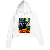 Witch Cat Starry Night Van Gogh Retro Halloween Cat Art Kids Crop Fleece Hoodie