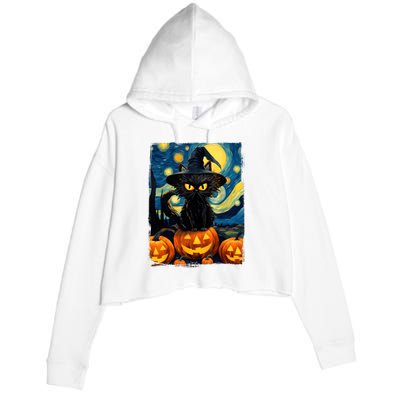 Witch Cat Starry Night Van Gogh Retro Halloween Cat Art Kids Crop Fleece Hoodie