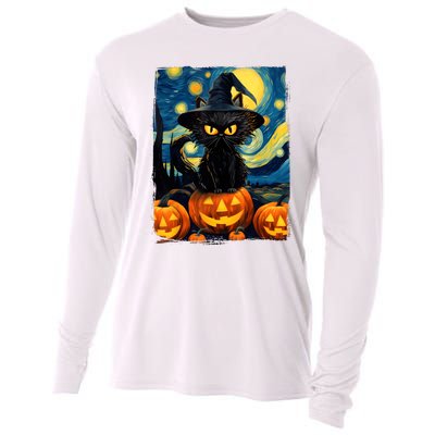 Witch Cat Starry Night Van Gogh Retro Halloween Cat Art Kids Cooling Performance Long Sleeve Crew