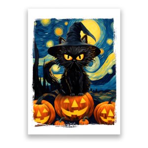 Witch Cat Starry Night Van Gogh Retro Halloween Cat Art Kids Poster