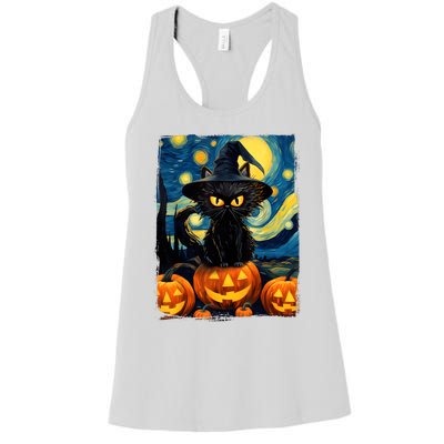 Witch Cat Starry Night Van Gogh Retro Halloween Cat Art Kids Women's Racerback Tank