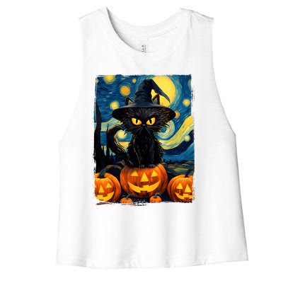 Witch Cat Starry Night Van Gogh Retro Halloween Cat Art Kids Women's Racerback Cropped Tank