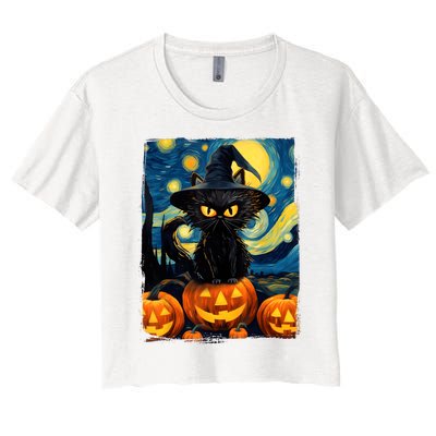 Witch Cat Starry Night Van Gogh Retro Halloween Cat Art Kids Women's Crop Top Tee