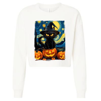 Witch Cat Starry Night Van Gogh Retro Halloween Cat Art Kids Cropped Pullover Crew