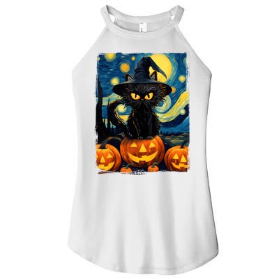 Witch Cat Starry Night Van Gogh Retro Halloween Cat Art Kids Women's Perfect Tri Rocker Tank