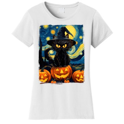 Witch Cat Starry Night Van Gogh Retro Halloween Cat Art Kids Women's T-Shirt