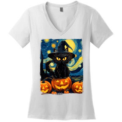 Witch Cat Starry Night Van Gogh Retro Halloween Cat Art Kids Women's V-Neck T-Shirt