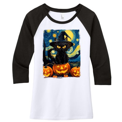 Witch Cat Starry Night Van Gogh Retro Halloween Cat Art Kids Women's Tri-Blend 3/4-Sleeve Raglan Shirt