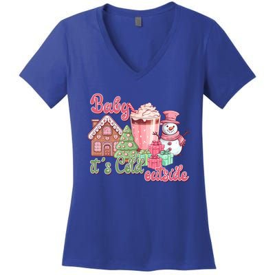 Western Christmas Santa Pink Christmas ItS Cold Outside Gift Women's V-Neck T-Shirt