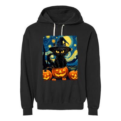 Witch Cat Starry Night Van Gogh Retro Halloween Cat Art Garment-Dyed Fleece Hoodie