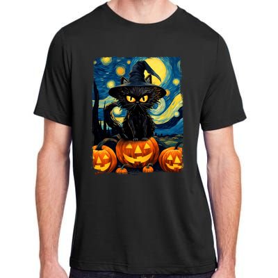 Witch Cat Starry Night Van Gogh Retro Halloween Cat Art Adult ChromaSoft Performance T-Shirt