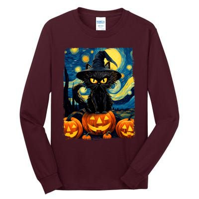 Witch Cat Starry Night Van Gogh Retro Halloween Cat Art Tall Long Sleeve T-Shirt