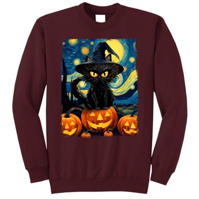 Witch Cat Starry Night Van Gogh Retro Halloween Cat Art Tall Sweatshirt