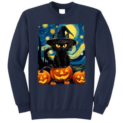 Witch Cat Starry Night Van Gogh Retro Halloween Cat Art Sweatshirt