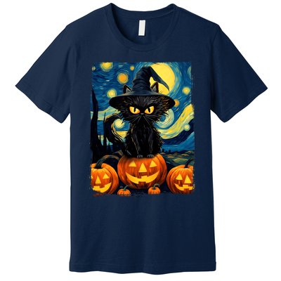 Witch Cat Starry Night Van Gogh Retro Halloween Cat Art Premium T-Shirt