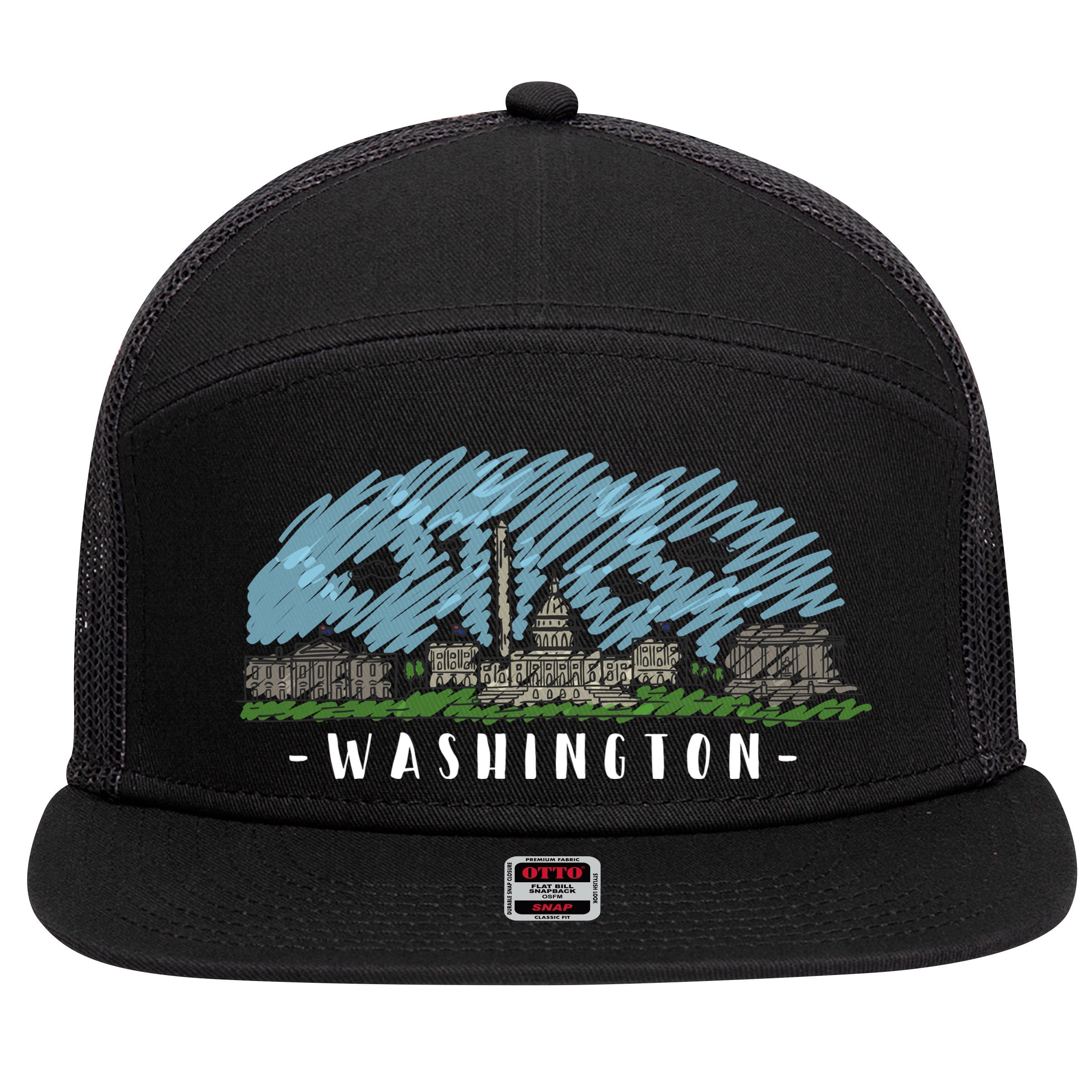 Washington Cartoon Style Illustration 7 Panel Mesh Trucker Snapback Hat