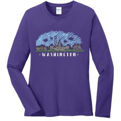 Washington Cartoon Style Illustration Ladies Long Sleeve Shirt