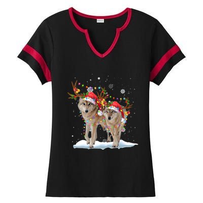 Wolf Christmas Santa Hat Tree Lights Xmas Funny Wolf Gift Ladies Halftime Notch Neck Tee