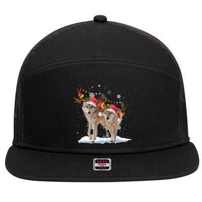 Wolf Christmas Santa Hat Tree Lights Xmas Funny Wolf Gift 7 Panel Mesh Trucker Snapback Hat