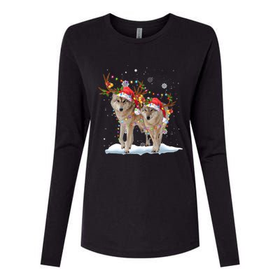 Wolf Christmas Santa Hat Tree Lights Xmas Funny Wolf Gift Womens Cotton Relaxed Long Sleeve T-Shirt