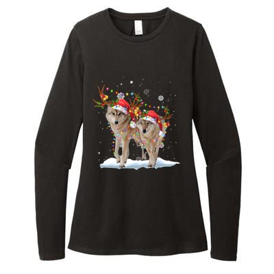 Wolf Christmas Santa Hat Tree Lights Xmas Funny Wolf Gift Womens CVC Long Sleeve Shirt